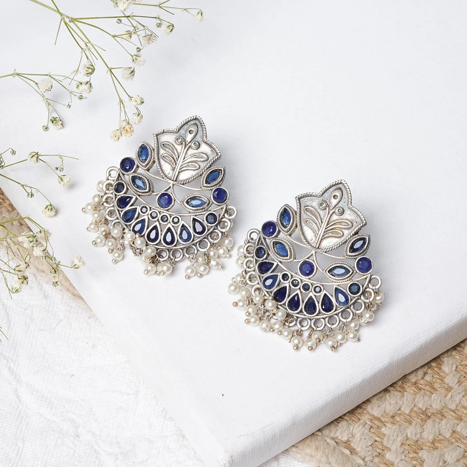 Teejh Nimrat  Blue Stone Silver Oxidised Earrings