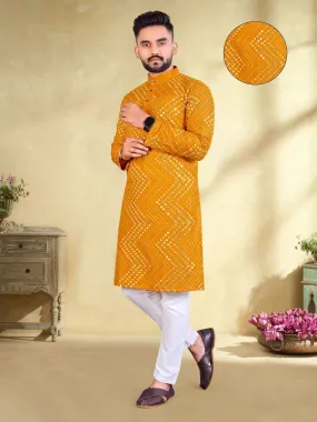 Traditional Men's Mirror Embroidery Work Yellow Cotton Kurta Pajama Set