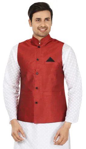 Traditional Men's Sleeve Less Silk Nehru Jacket India Waistcoat (Red)