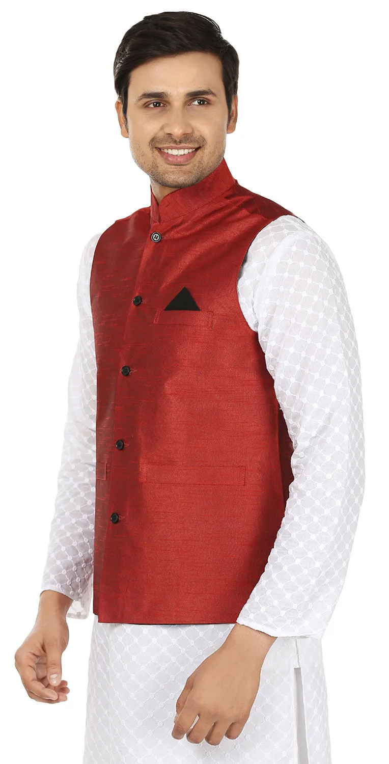 Traditional Men's Sleeve Less Silk Nehru Jacket India Waistcoat (Red)