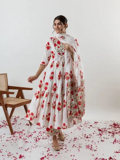 White Gulabi Poppy Print Cotton Salwar Suit Set