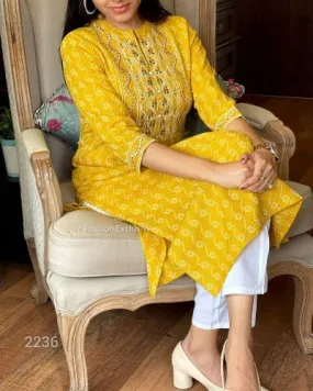 Women Yellow Embroidered Cotton Kurti