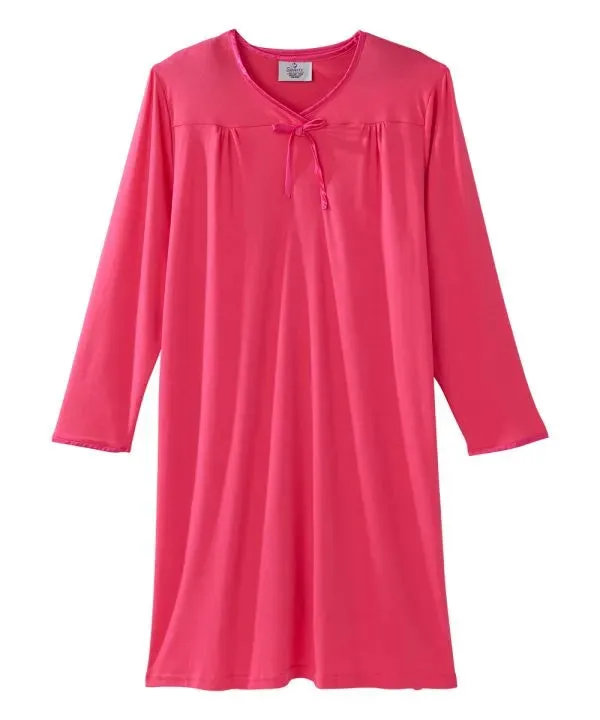 Women's Bow Long Sleeve Nightgown with Back Overlap