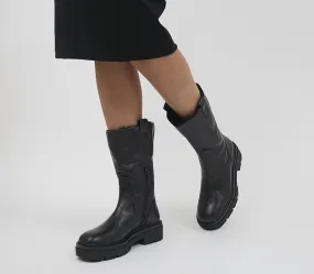 Womens Black Leather Fur-Lined Calf Boots for Office Wear