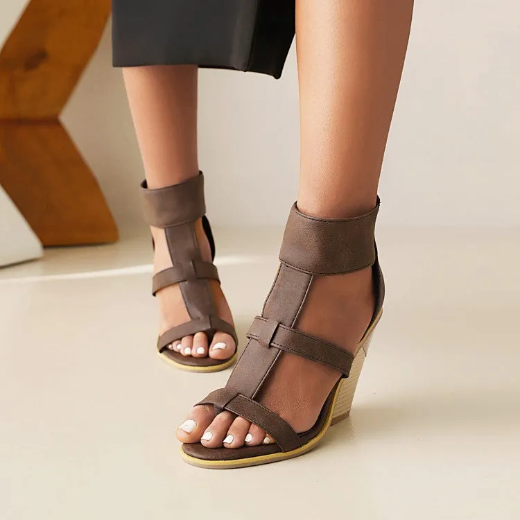 Women's Roman Gladiator Cutout Back Zippers Cone Heel Sandals