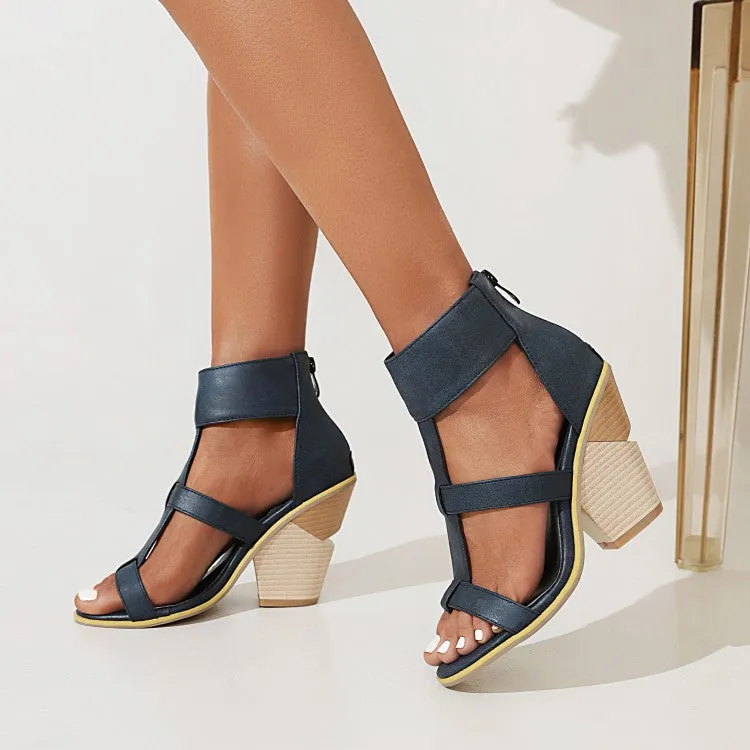 Women's Roman Gladiator Cutout Back Zippers Cone Heel Sandals