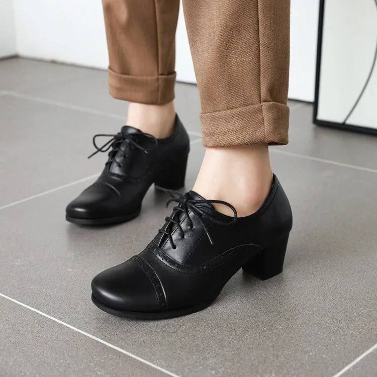 Women's Round Toe Lace Up Block Heel Oxford Chunky Heels Shoes