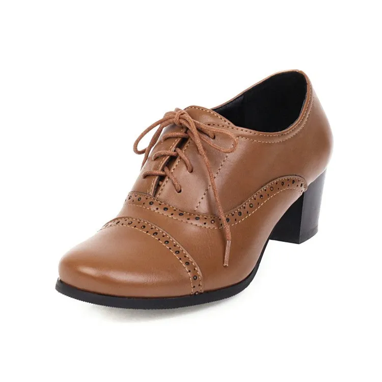 Women's Round Toe Lace Up Block Heel Oxford Chunky Heels Shoes