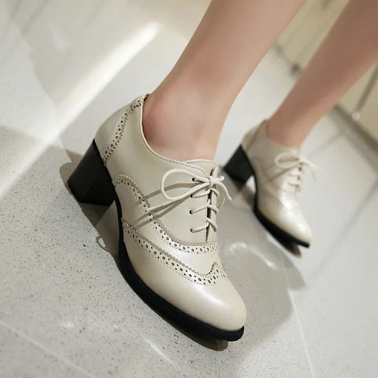 Women's Round Toe Stitching Block Heel Lace Up Chunky Heels Oxford Shoes