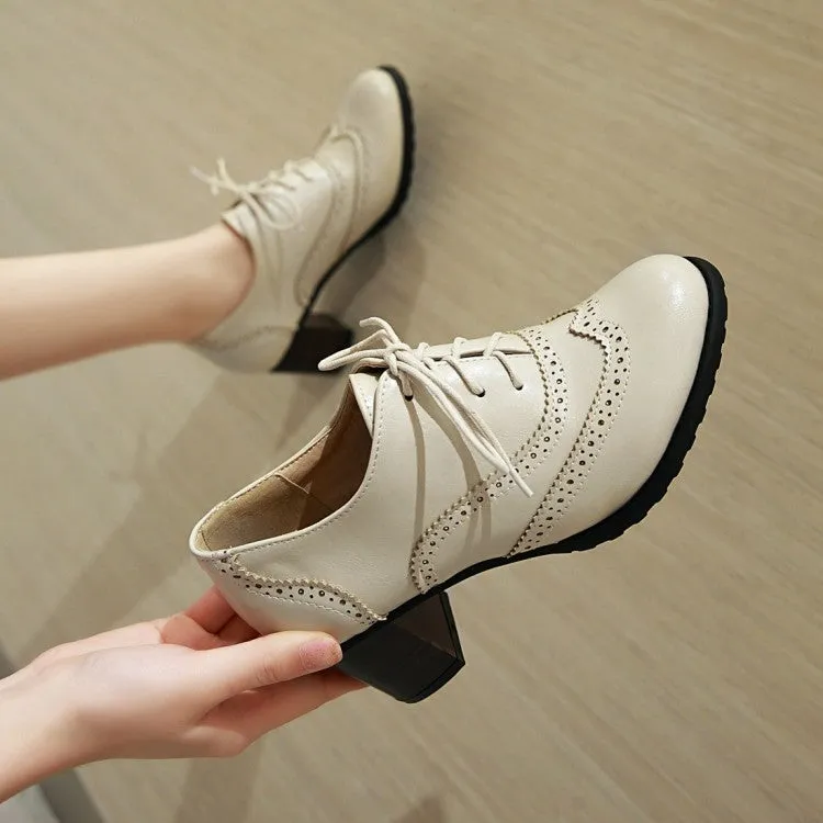 Women's Round Toe Stitching Block Heel Lace Up Chunky Heels Oxford Shoes