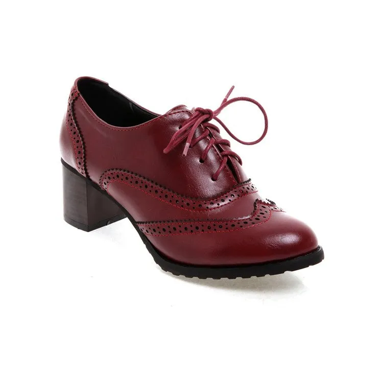 Women's Round Toe Stitching Block Heel Lace Up Chunky Heels Oxford Shoes