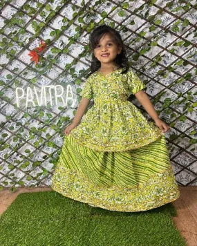 Yellowish Green Kids Soft Cotton Kurta Lehanga Set